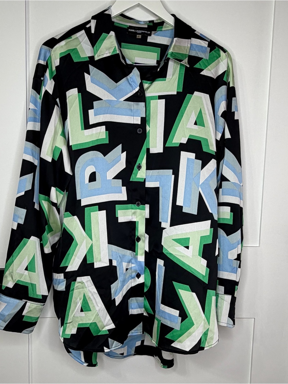 Karl Lagerfeld Paris Graphic Letter Print Button Down Blouse Shirt